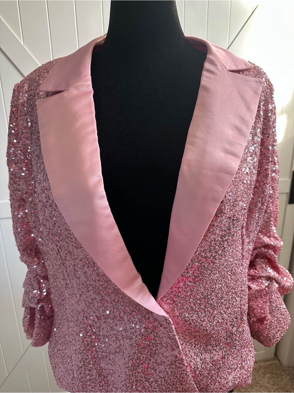 Boston Proper XL Pink Sequin Blazer Ruched Sleeve Party Jacket NWT - Picture 3 of 8